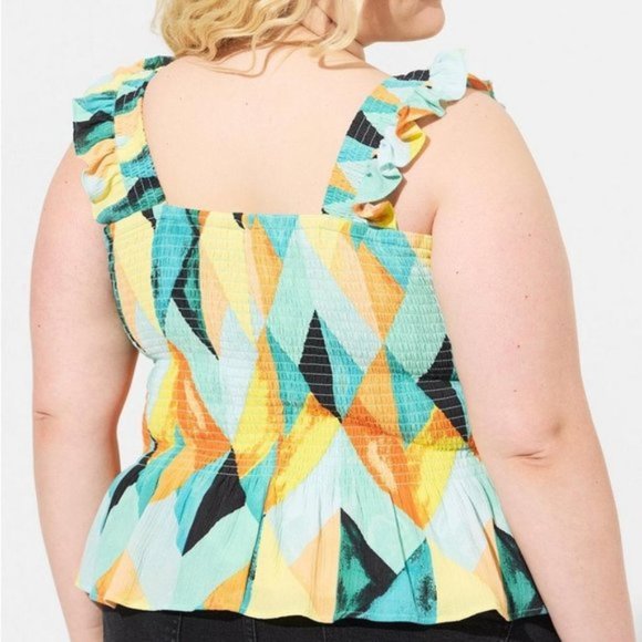 Torrid - Peplum Washable Crinkle Gauze Smocked Tank Top in Geo-Multi - Picture 10 of 13